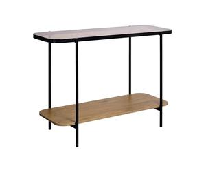 swe onsole Vintage en métal Noir avec 2 Plateaux (Verre et décor Bois). Bords arrondis