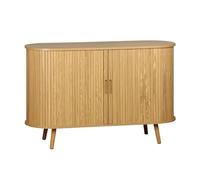 Buffet scandinave 2 portes coulissantes. 4 compartiments. décor bois rainuré. couleur naturelle. buffet bas. L 120 x P 40 x H 75cm