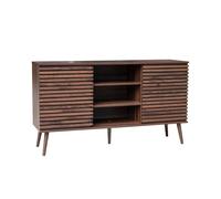 Buffet scandinave décor bois noyer avec 2 portes coulissantes rainurées et 4 étagères. buffet bas. L 140cm
