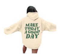 Sweat à capuche 2026 Winter Women Make A Good Day avec imprimé graphique et épaules tombantes, beige, S