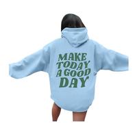 Sweat à capuche 2026 Winter Women Make A Good Day avec imprimé graphique et épaules tombantes, bleu clair, S