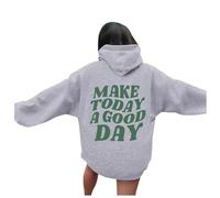 Sweat à capuche 2026 Winter Women Make A Good Day avec imprimé graphique et épaules tombantes, gris, XL