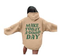 Sweat à capuche 2026 Winter Women Make A Good Day avec imprimé graphique et épaules tombantes, kaki, L
