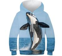 Sweat à Capuche 3D Motif Baleine Orque sautant Hors de l'eau, Manches Longues, Amusant, pour garçons et Filles, 11-13 Ans