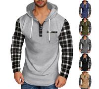 Sweat à capuche à carreaux pour homme - Sweat à capuche boutonné intelligent avec manches à carreaux - Sweat à capuche décontracté à manches longues - Pull d'extérieur à demi-bouton avec poche