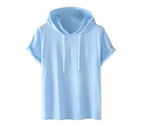 Sweat à capuche à manches courtes pour femme - Couleur unie - Tendance - Décontracté - Grande taille - Confortable - Coton - Chemisier d'été classique - T-shirt de sport - T-shirt d'été, bleu, S