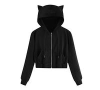 Sweat à capuche à manches longues avec oreilles de chat pour femme - Imprimé chaton mignon - Cordon de serrage - Couleur unie - Style décontracté - Y2K Country Cool Fall, Noir , M