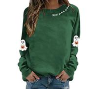 Sweat à capuche à manches longues imprimé d'Halloween pour femmes Mode d'automne Pull décontracté à col rond Hauts graphiques pour l'hiver Pull avec motif chat Femme, vert, XXL
