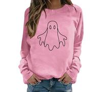 Sweat à capuche à manches longues imprimé d'Halloween pour femmes Mode d'automne Pull décontracté à col rond Hauts graphiques pour tenues d'hiver Adolescentes Filles, Rose, XXL