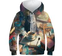 Sweat à capuche à manches longues imprimé en 3D, motif moustaches fantaisistes, pull-over « Le repaire douillet d'un chat », sweat-shirt de sport décontracté unisexe tendance streetwear 10-12 ans