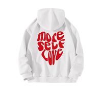 Sweat à capuche à manches longues pour femme avec inscription « More Self Love » et fermeture éclair quart, blanc, L