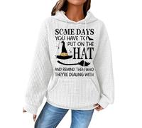 Sweat à capuche à manches longues pour femme - Léger - Doux - Motif : sorcière et chien - Col rond - Automne/hiver - Chaud - Tricot à carreaux - Tunique à capuche pour femme, blanc, XL