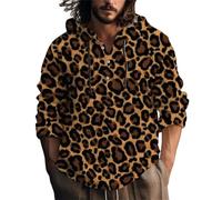 Sweat à capuche à manches longues pour homme - Chemisier à capuche en lin - Imprimé léopard - Pull à cordon de serrage - Coupe droite - T-shirt boutonné confortable et respirant, Café 7, L