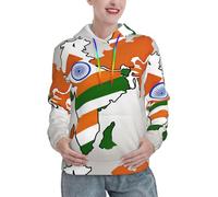 Sweat à capuche abstrait avec imprimé carte du drapeau indien pour femmes, pull décontracté à manches longues avec cordon de serrage et poche, noir, Medium