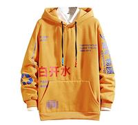 Sweat à capuche amusant pour homme - Imprimé lettre - Manches longues - Hippie - Avec poignets côtelés - Uni - Eau bouillie - Avec capuche - Motif personnage chinois, jaune, 4XL