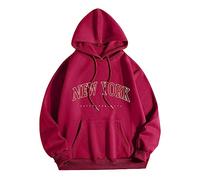 Sweat à capuche avec cordon de serrage pour femme, pull à capuche New York tendance, sweatshirts à capuche coupe ample avec poche, couleur unie, propres basiques, chemisier esthétique, bordeaux, M