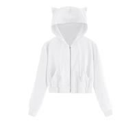 Sweat à capuche avec oreilles de chat et cordon de serrage pour femme - Manches longues - Fermeture éclair - Couleur unie - Imprimé chaton - Uni, blanc, S