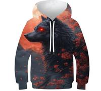 Sweat à Capuche Black Wolf and Blood Moon pour Enfants, garçons et Filles, Pull à Capuche Amusant et Cool, Manches Longues, léger, 13-15 Ans