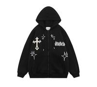 Sweat à Capuche brodé Gothique pour Femme rétro Harajuku Hip Hop Veste zippée Sweat Ample vêtements Y2K Tops, Noir, Large