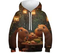 Sweat à Capuche Capybara Family Dinner in The Rain pour Enfants, imprimé en 3D, Pull Fantaisie à Manches Longues, vêtements à Manches Longues pour garçons et Filles de 7 à 9 Ans