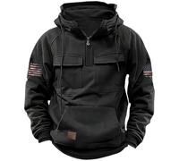 Sweat à capuche cargo pour homme - Polaire unie demi-fermeture éclair imprimé drapeau sweat à capuche manches longues cordon de serrage poche kangourou veste à capuche coupe ample coupe-vent chaud