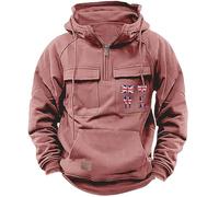 Sweat à capuche cargo pour homme - Polaire unie demi-fermeture éclair imprimé drapeau sweat tactique à manches longues avec cordon de serrage multi-poches veste à capuche coupe ample coupe-vent chaud