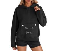 Sweat à capuche chat pour femme avec pochette à manches longues pour animal de compagnie - Poche graphique pour l'hiver et l'automne - Doublure en polaire - Avec lettres d'anime, Noir , S