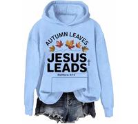 Sweat à capuche chrétien d'automne avec motif feuilles Jésus - Manches longues, Bleu ciel., 3XL