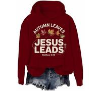 Sweat à capuche chrétien d'automne avec motif feuilles Jésus - Manches longues, Claret-H, M