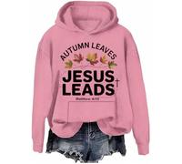 Sweat à capuche chrétien d'automne avec motif feuilles Jésus - Manches longues, Rose., S