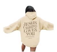 Sweat à capuche chrétien Jésus Christ Loves You 2025 pour femme - Tenue de campagne avec capuche - Tenue ample - Lettre décontractée - Graphique - Mode anime - Priez le Seigneur Cool, beige, S
