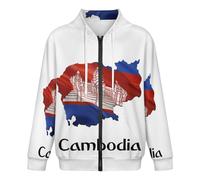 Sweat À Capuche Classique pour Homme | Haut À Capuche Zippé Confortable | Veste À Manches Longues avec Poignets Côtelés | Cardigan Tendance Humoristique Imprimé Carte du Cambodge Drapeau Taille 4XL