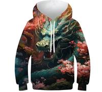 Sweat à capuche coloré imprimé 3D hérisson pour enfants pull décontracté à manches longues survêtements tops pull veste, Dragon Cerise du Japon 12, 6-7 Years