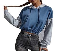 Sweat à capuche court à manches longues pour femme 2025 avec bloc de couleurs - Sweat à capuche confortable et sportif - Pull décontracté - Automne occidental uni tendance et léger, bleu, XS