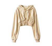 Sweat à capuche court à manches longues pour femme - T-shirt de fitness uni ample avec cordon de serrage - Vêtements de sport streetwear (L, abricot)