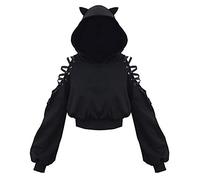 Sweat à Capuche Court Femme Epaules Dénudées Chats Oreille, Hoodie Y2K Gothique Harajuku Noir, Veste de Sport Chic et Elegant Haute Taille avec Rubans,kpop demon hunter Merch, Pulls stray kids