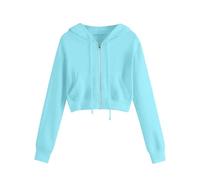 Sweat à Capuche Court Femme Pullover Manches Longues Couleur Unie Sweat-Shirt avec Fermeture éclair Crop Tops avec Poches pour Femme Hoodie avec Zippé Décontracté Léger 2026
