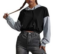 Sweat à capuche court graphique tendance pour femme, coupe ample, pull à capuche décontracté, mignon, léger, bloc de couleurs, manches longues, haut court sportif, esthétique, avec capuche, mode, gris