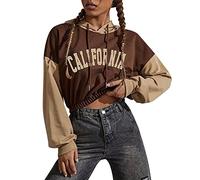 Sweat à capuche court patchwork gothique tendance décontracté avec capuche pull court d'automne haut court à capuche bloc de couleurs à capuche sportif manches longues sport country ample anime, café