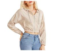 Sweat à capuche court zippé pour femme - Sweat à capuche pour femme avec poches zippées - Pull d'automne à capuche d'automne - Vêtements de sport - Haut thermique à manches longues, beige, M