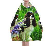 Sweat à capuche/couverture en flanelle surdimensionnée pour femme, motif Cavalier King Charles Spaniel et fleurs de lupin.