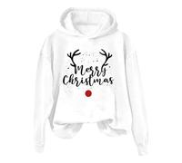 Sweat à capuche de Noël pour femme à manches longues, pull de Noël pour femme avec capuche, sweatshirt Chirstmas avec imprimé renne Sweat à capuche drôle de Noël Pull de Noël pour les fêtes, Blanc