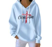 Sweat à capuche de Noël pour femme avec motif croix chrétienne avec poche, pull ample décontracté à manches longues, bleu clair, XL