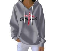 Sweat à capuche de Noël pour femme avec motif croix chrétienne avec poche, pull ample décontracté à manches longues, gris, 3XL