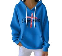 Sweat à capuche de Noël pour femme avec motif croix chrétienne avec poche, pull ample décontracté à manches longues, bleu, L