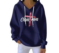 Sweat à capuche de Noël pour femme avec motif croix chrétienne avec poche, pull ample décontracté à manches longues, bleu marine, XL
