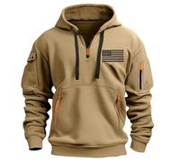 Sweat à capuche de sport pour homme avec demi-fermeture éclair - Col montant - Motif drapeau américain - Sweat à capuche surdimensionné de couleur unie - Haut de survêtement décontracté, kaki, XXL