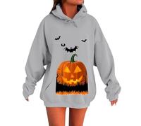 Sweat à capuche d'Halloween pour femme, motif visage de citrouille, pull décontracté à manches longues avec poche, gris, S