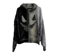 Sweat à capuche d'Halloween pour homme avec fermeture éclair intégrale - Pull à manches longues - Vintage - Motif visage maléfique - Tendance - Décontracté - Pull ample - Cardigan à capuche, gris, 5XL