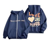 Sweat à capuche en coton avec fermeture éclair intégrale pour femme « Love Like Jesus » 2026 - Pull graphique chrétien vintage tendance avec cordon de serrage et doublure en polaire - Tenue gothique